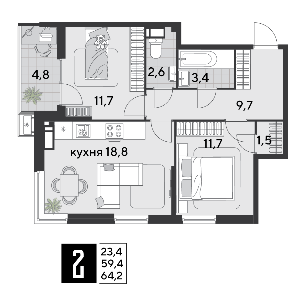 2-комнатная 64 м2 в ЖК Парк Победы 2 корпус null этаж 15