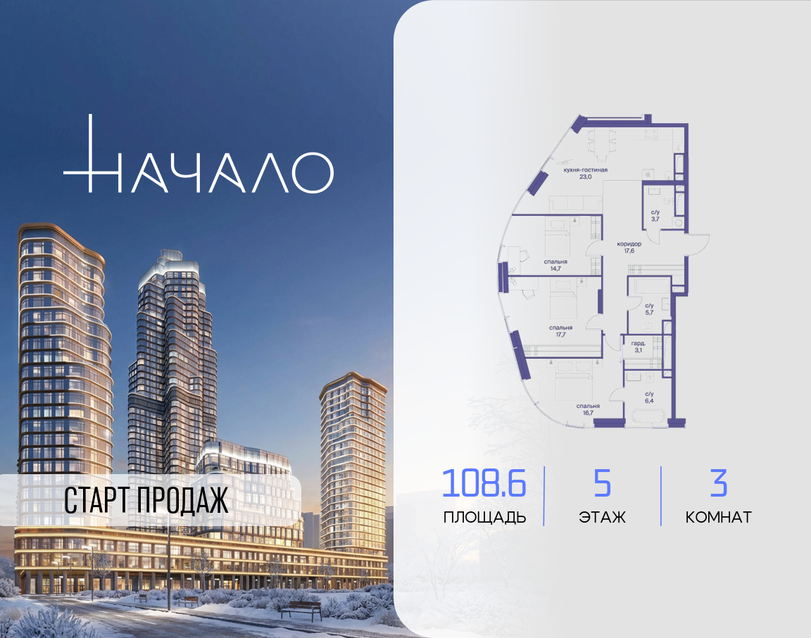 3-комнатная 108 м2 в ЖК Начало корпус null этаж 5