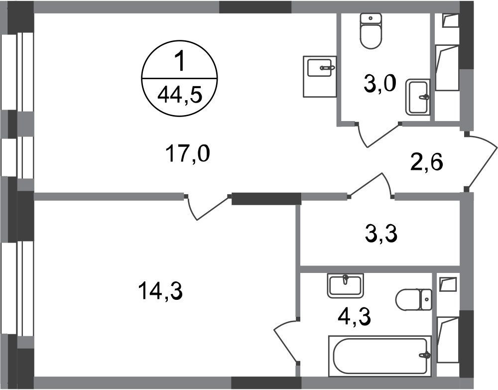 1-комнатная 44 м2 в ЖК Первый Московский корпус null этаж 6