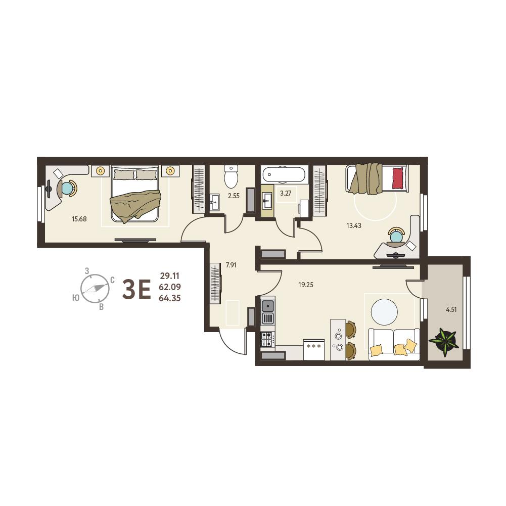 2-комнатная 64 м2 в ЖК Инстеп.Сити корпус null этаж 11