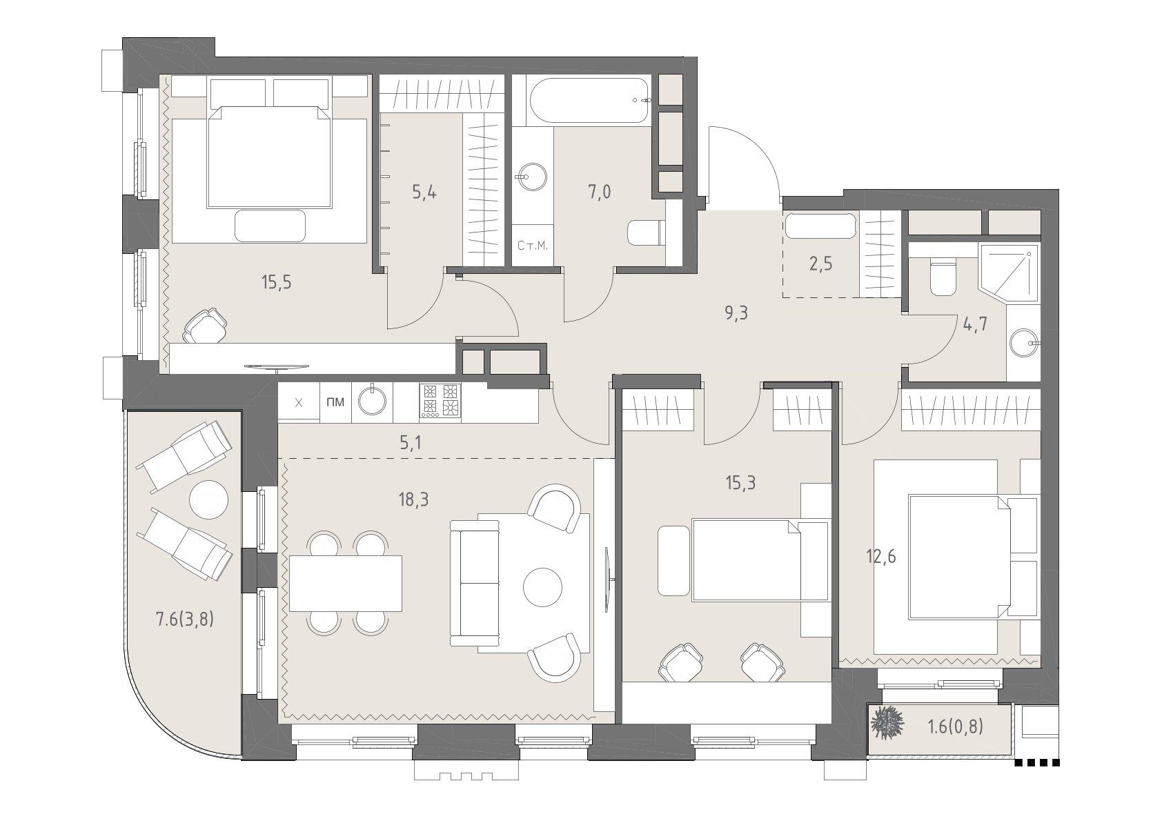 4-комнатная 100 м2 в ЖК Родина парк корпус null этаж 9