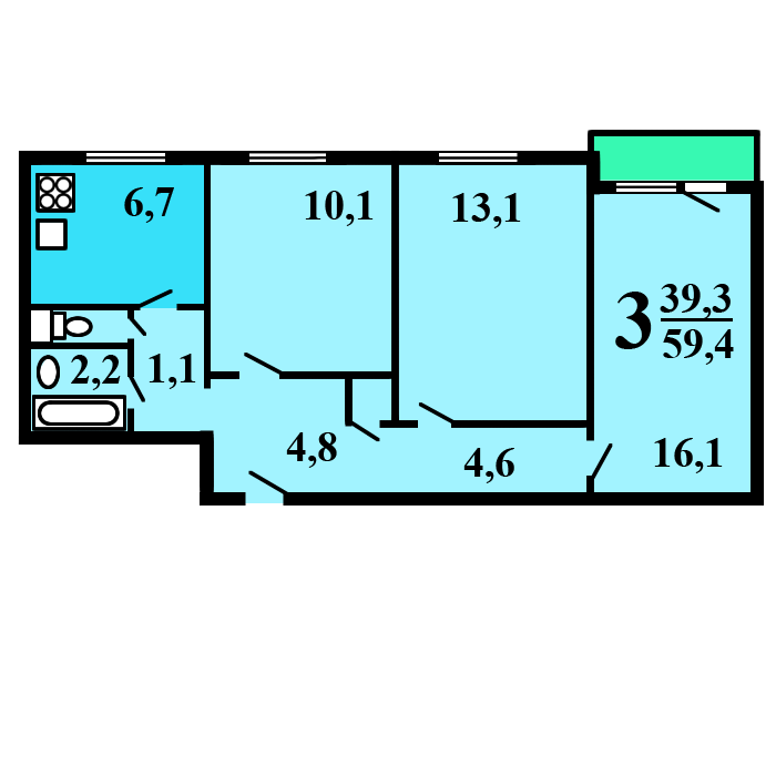 3-комнатная 59.4 м2 в ЖК undefined корпус null этаж 1