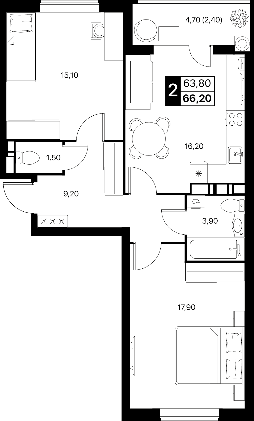 2-комнатная 66 м2 в ЖК Эстет корпус null этаж 10