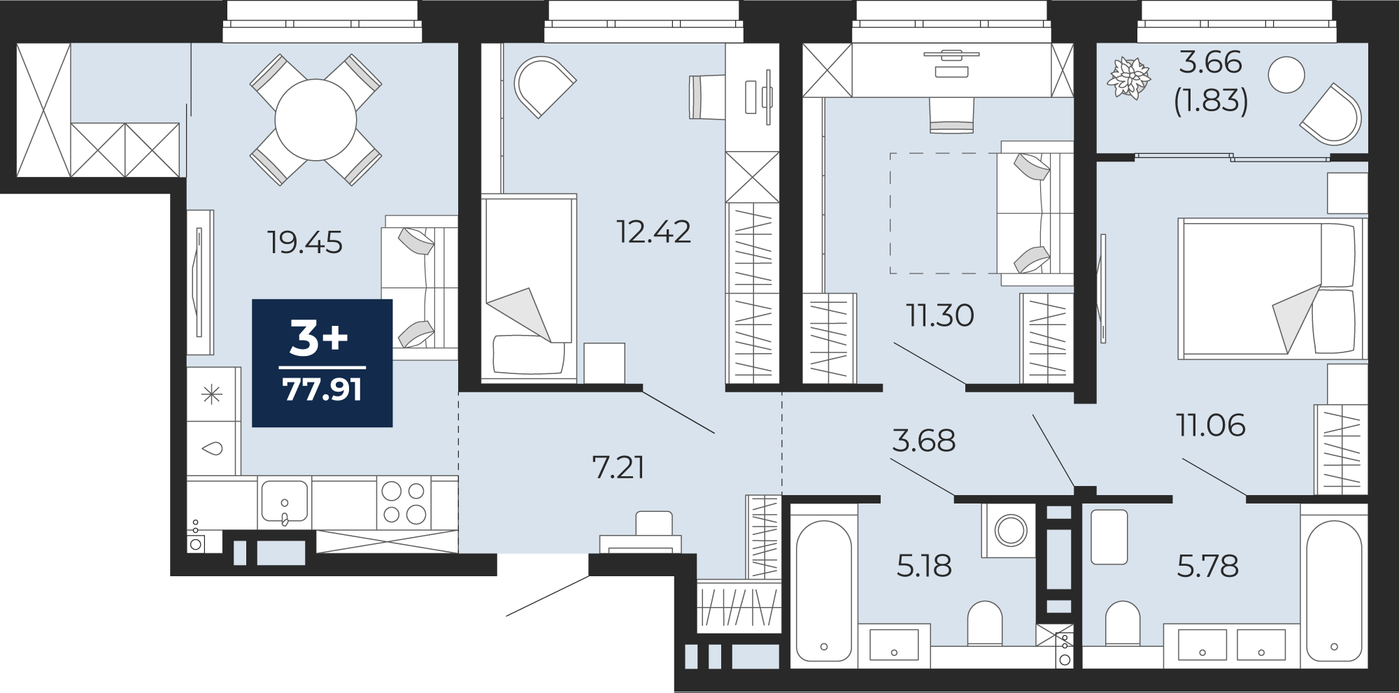 3-комнатная 76 м2 в ЖК Беринг корпус null этаж 7
