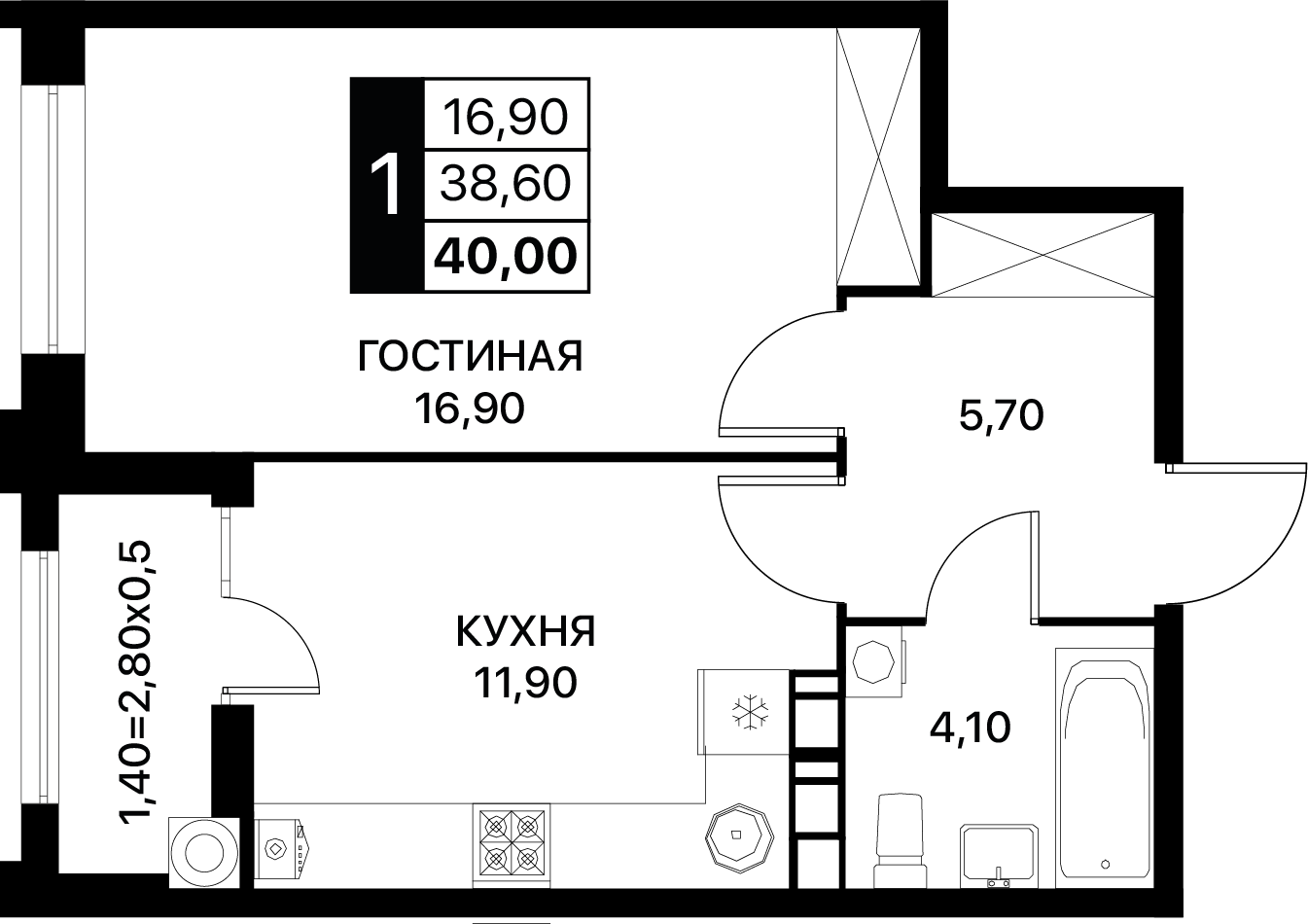 1-комнатная 40 м2 в ЖК Сияние корпус null этаж 9