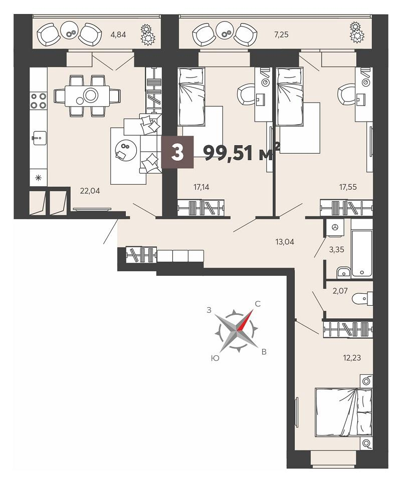 3-комнатная 99 м2 в ЖК 8 марта корпус null этаж 7