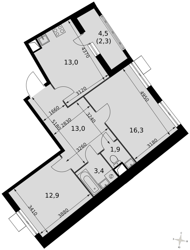 2-комнатная 62 м2 в ЖК Римский корпус null этаж 1