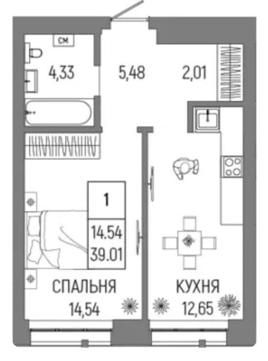 1-комнатная 39 м2 в ЖК undefined корпус null этаж 10