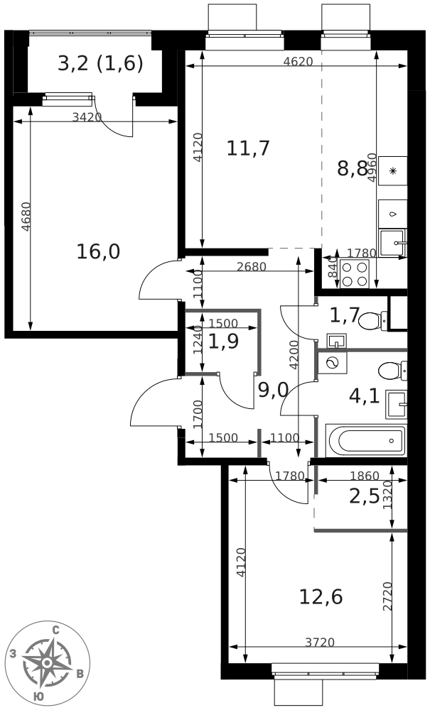 3-комнатная 69 м2 в ЖК 1-й Ясеневский корпус null этаж 6