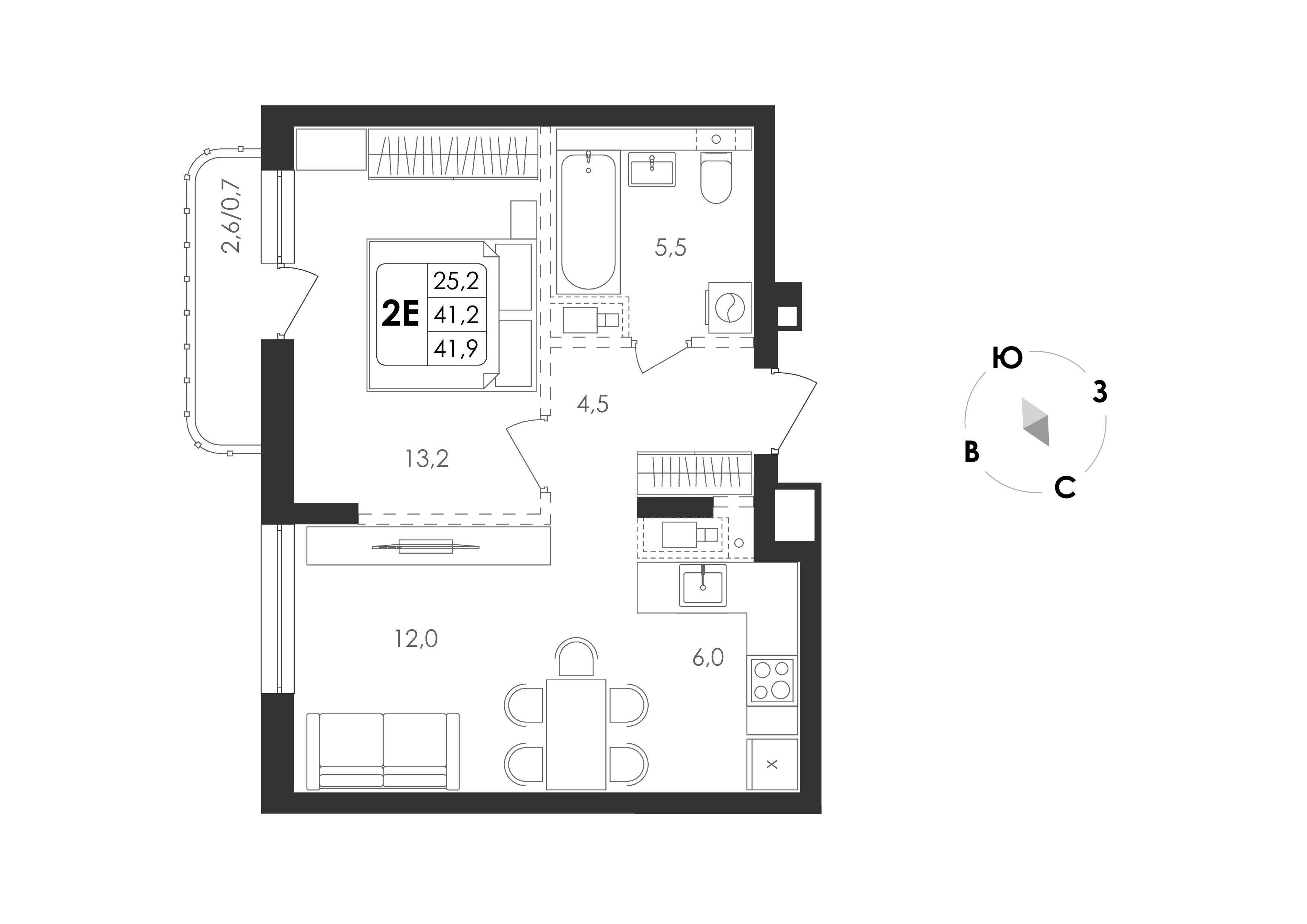 2-комнатная 41 м2 в ЖК Циолковский корпус null этаж 6