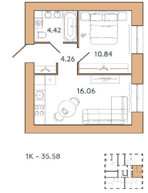 2-комнатная 35.6 м2 в ЖК undefined корпус null этаж 2