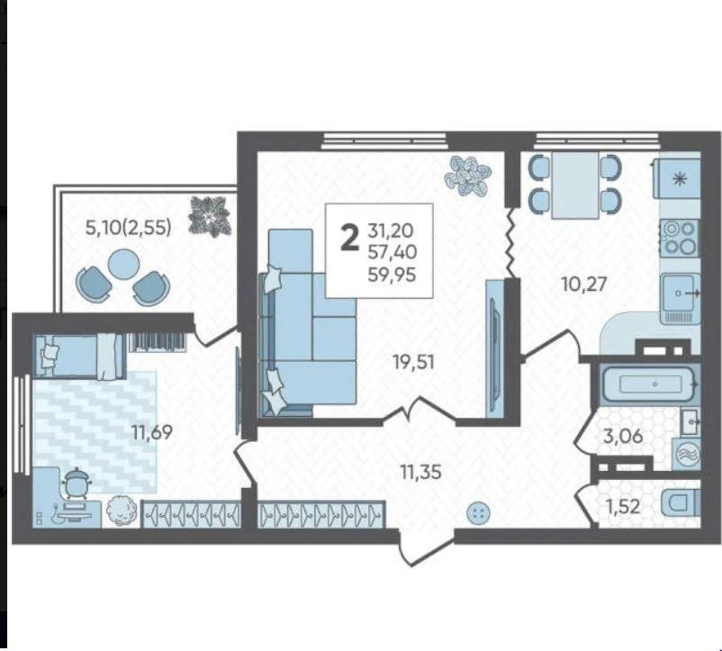 2-комнатная 60 м2 в ЖК undefined корпус null этаж 7