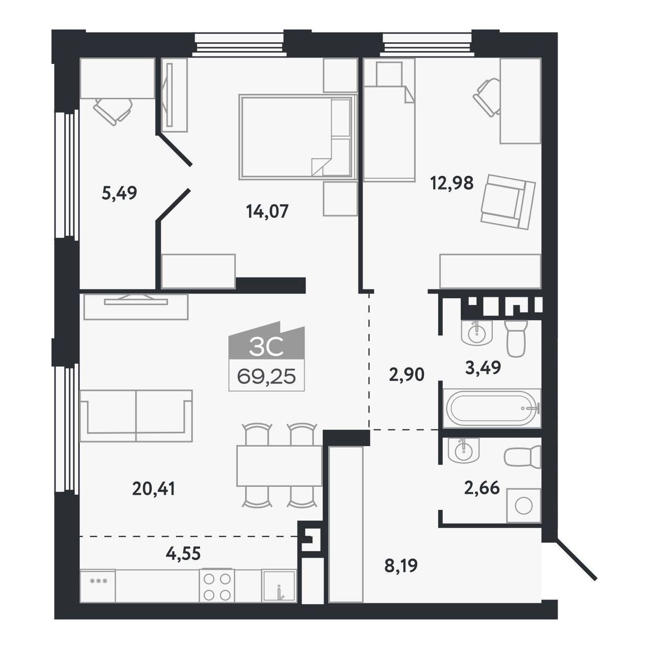 3-комнатная 69 м2 в ЖК Квартал 1604 корпус null этаж 4