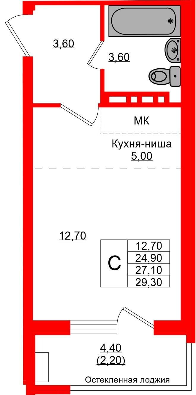 Студия 27 м2 в ЖК Кроны и Волны корпус null этаж 2