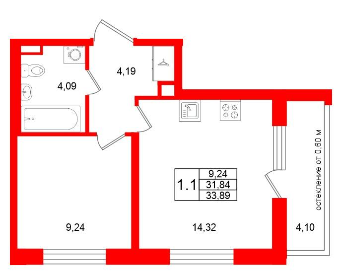 1-комнатная 31 м2 в ЖК Univer City корпус null этаж 1