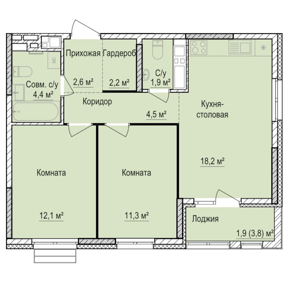 2-комнатная 59 м2 в ЖК Механикон корпус null этаж 14