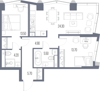 2-комнатная 71 м2 в ЖК Северный порт. Береговые кварталы корпус null этаж 14