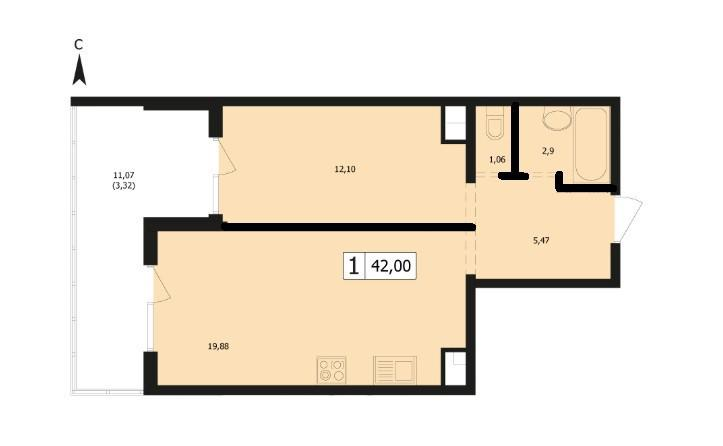 1-комнатная 42 м2 в ЖК undefined корпус null этаж 2