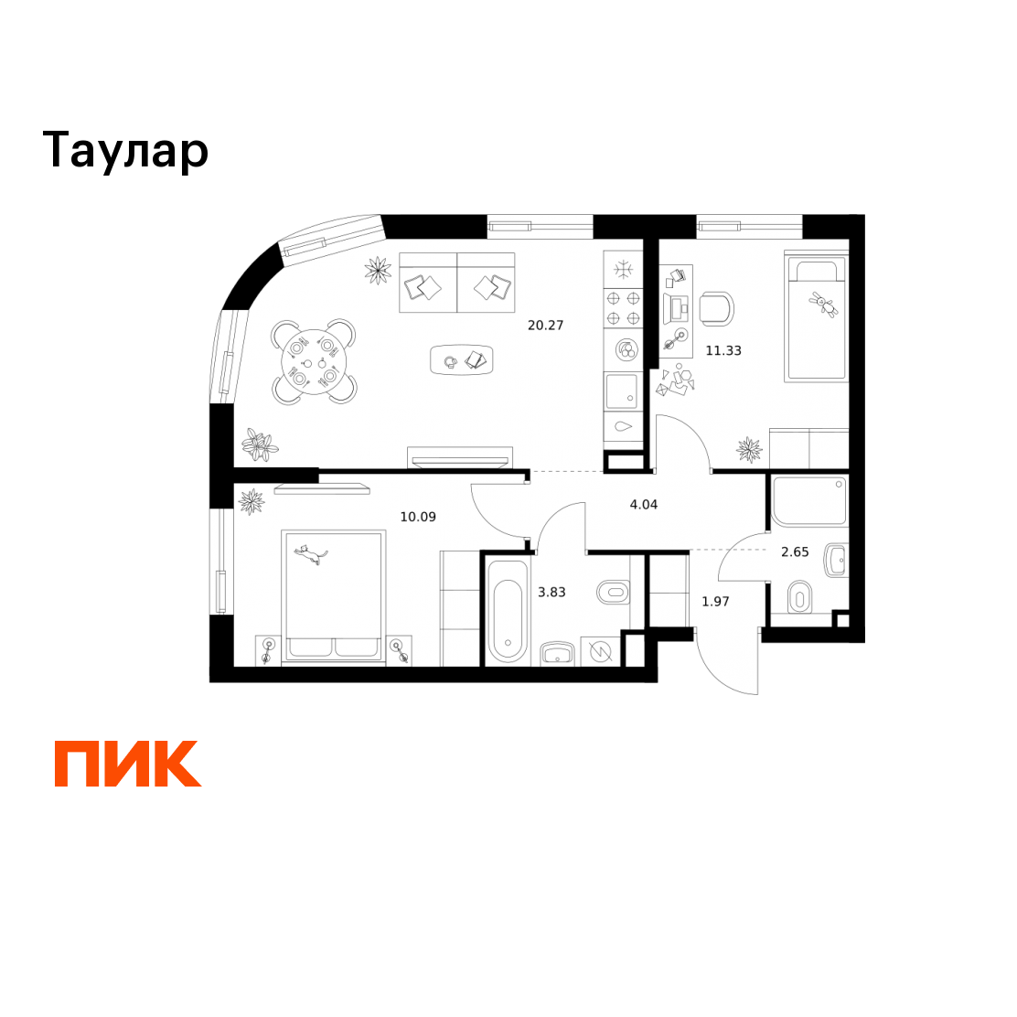 2-комнатная 54 м2 в ЖК Таулар корпус null этаж 13