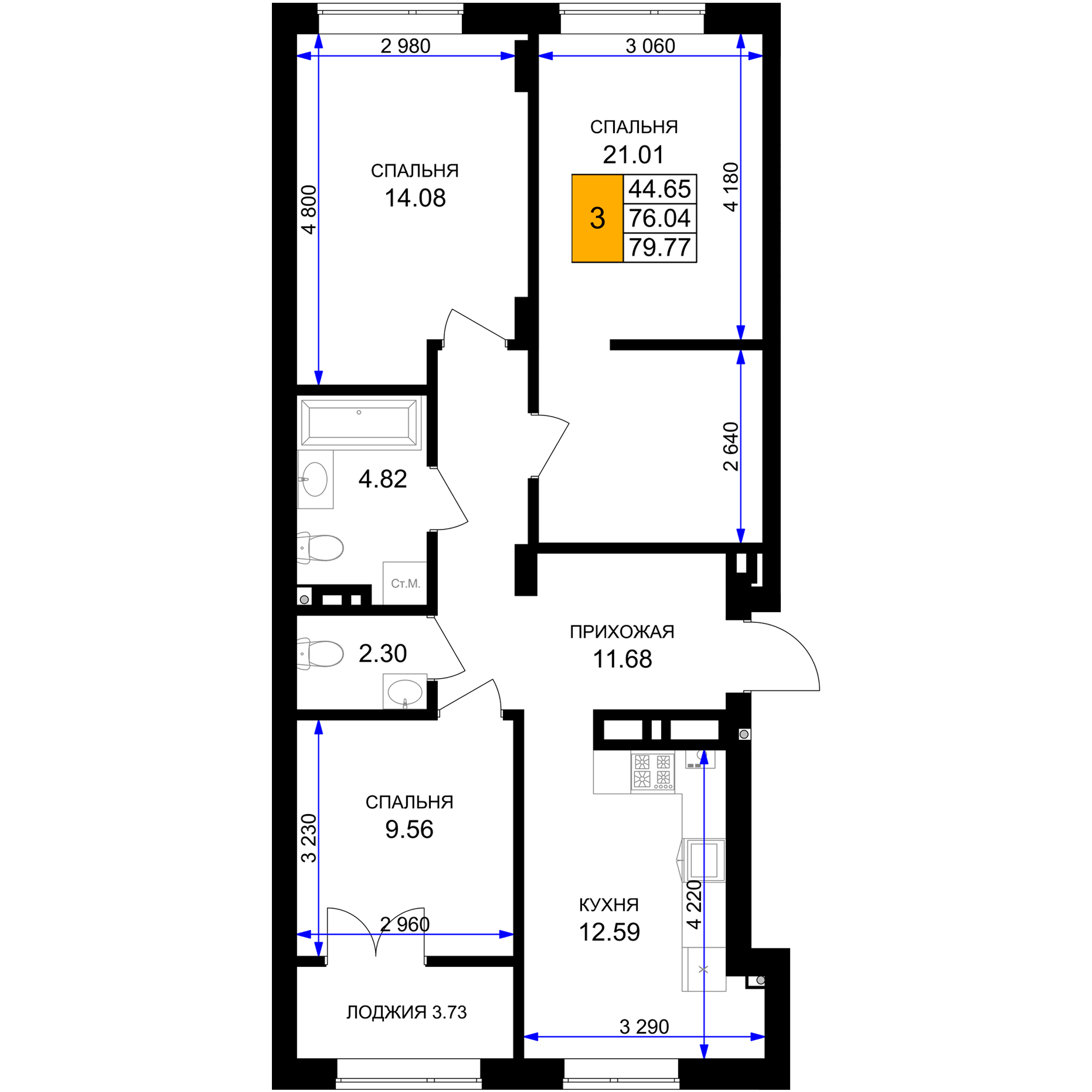 3-комнатная 77 м2 в ЖК Включи корпус null этаж 2