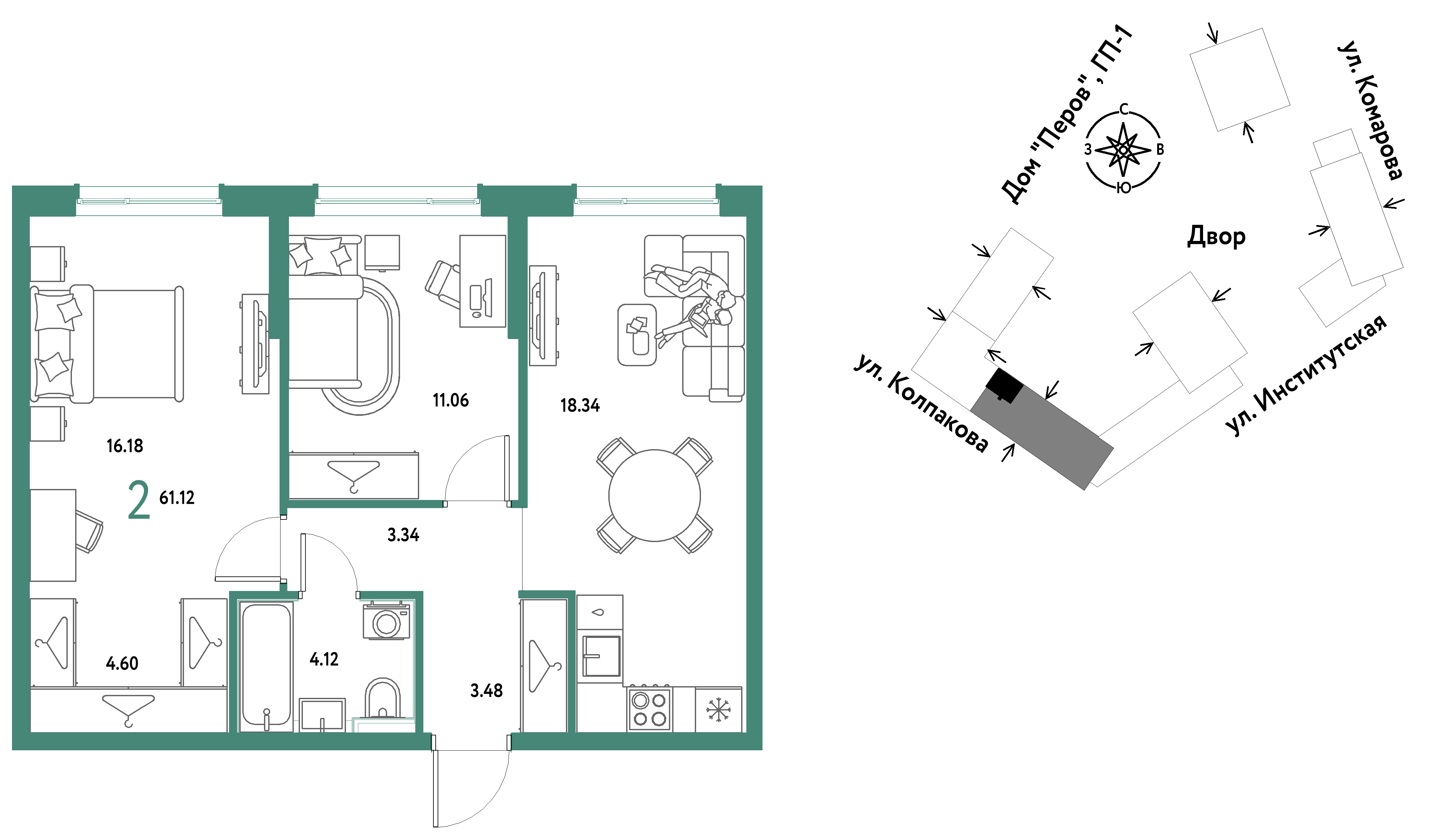 2-комнатная 61 м2 в ЖК Страна.Парковая корпус null этаж 10