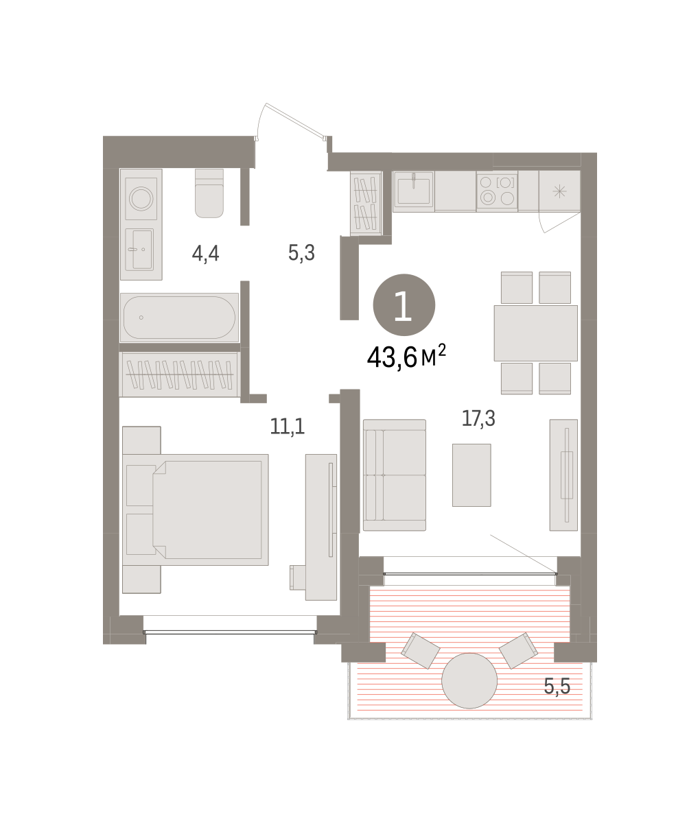 1-комнатная 43 м2 в ЖК Европейский квартал корпус null этаж 3