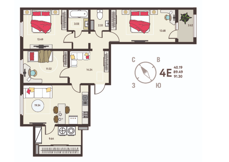 4-комнатная 91.3 м2 в ЖК undefined корпус null этаж 17