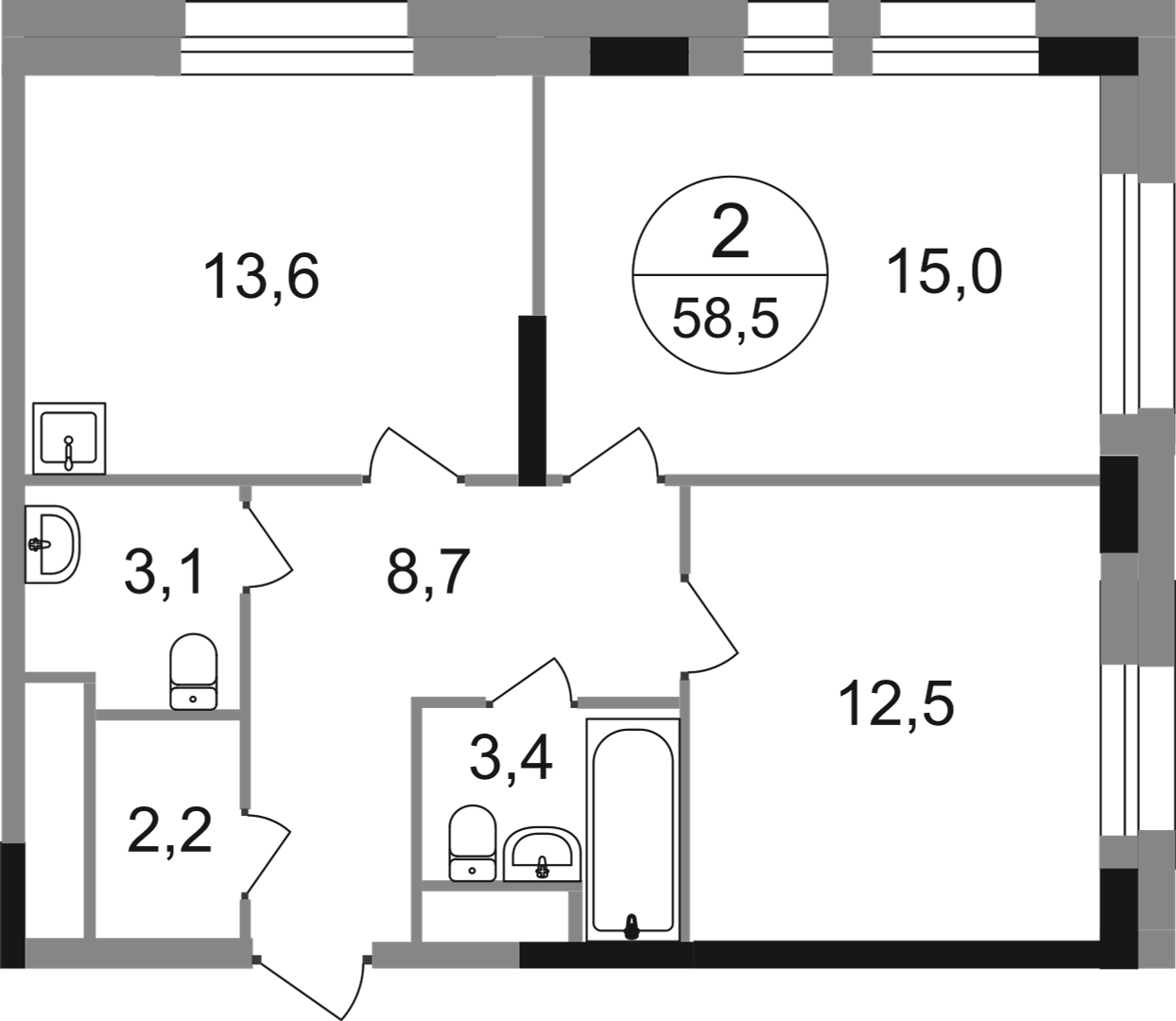 2-комнатная 58 м2 в ЖК Первый Московский корпус null этаж 3