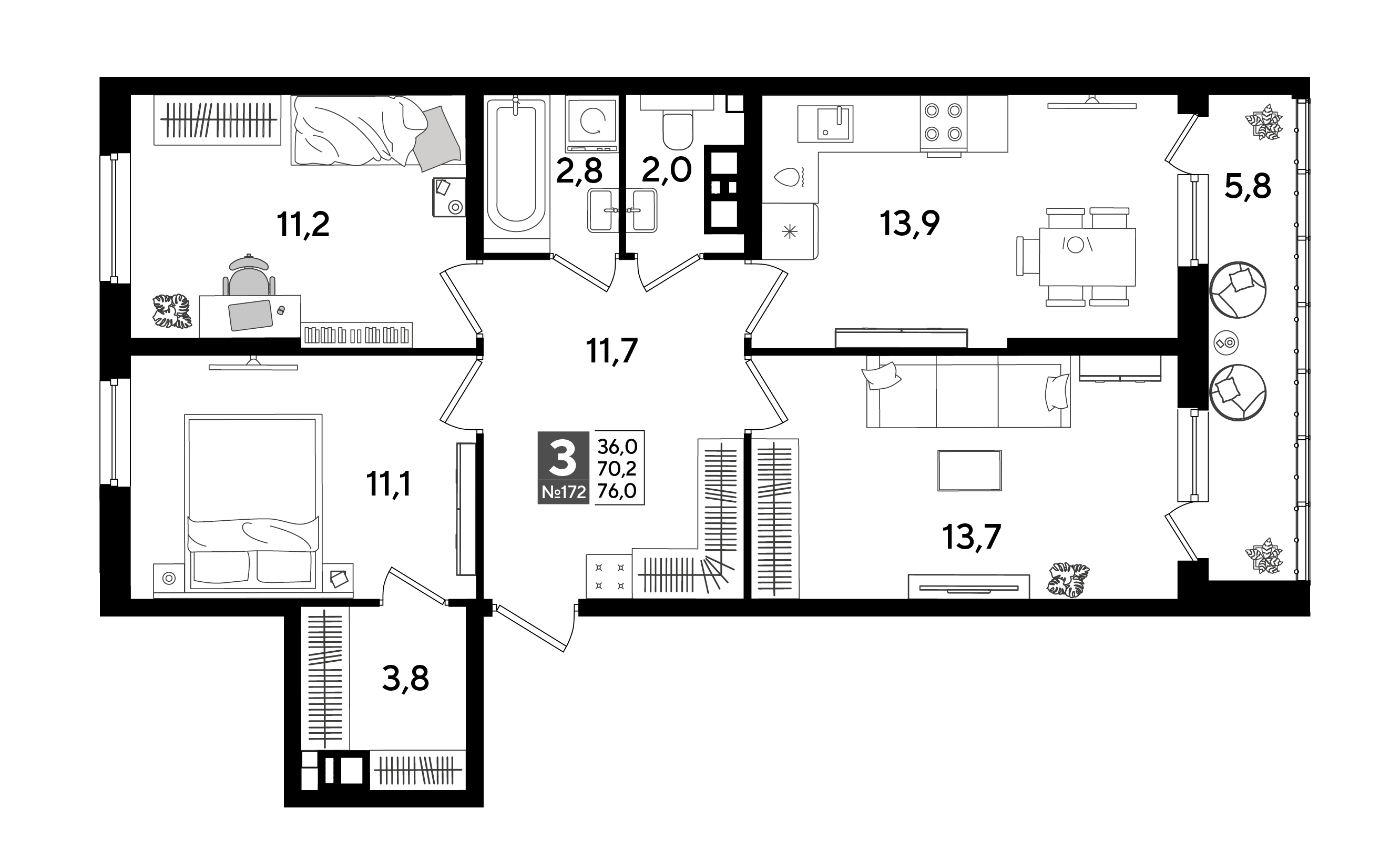 3-комнатная 76 м2 в ЖК Dogma Park корпус null этаж 7