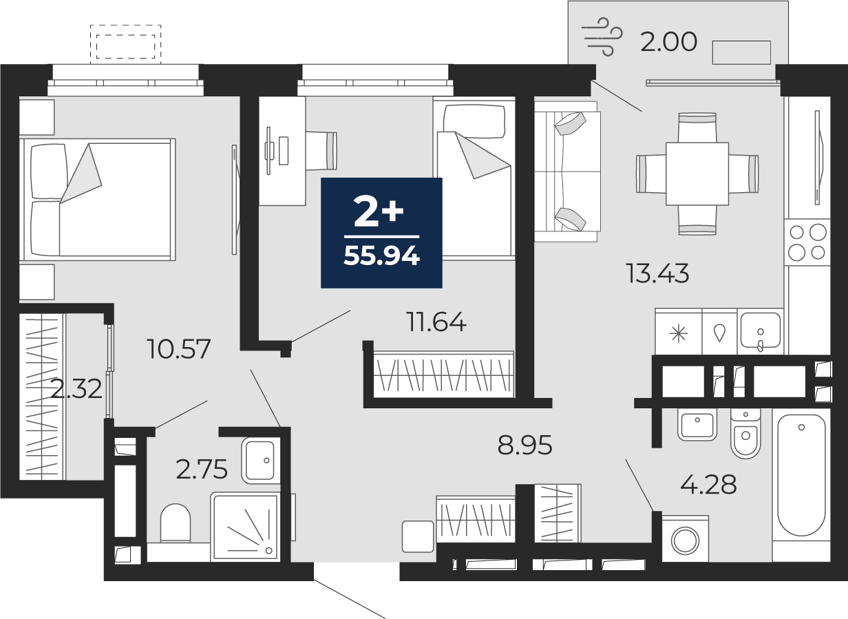 2-комнатная 53 м2 в ЖК Беринг корпус null этаж 10