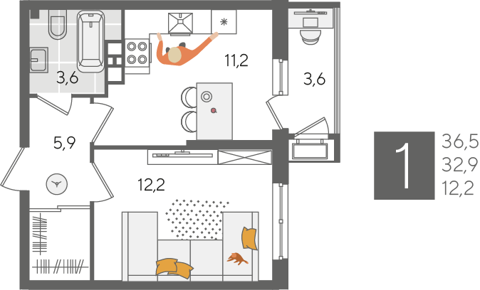 1-комнатная 36 м2 в ЖК Рекорд 2 корпус null этаж 10