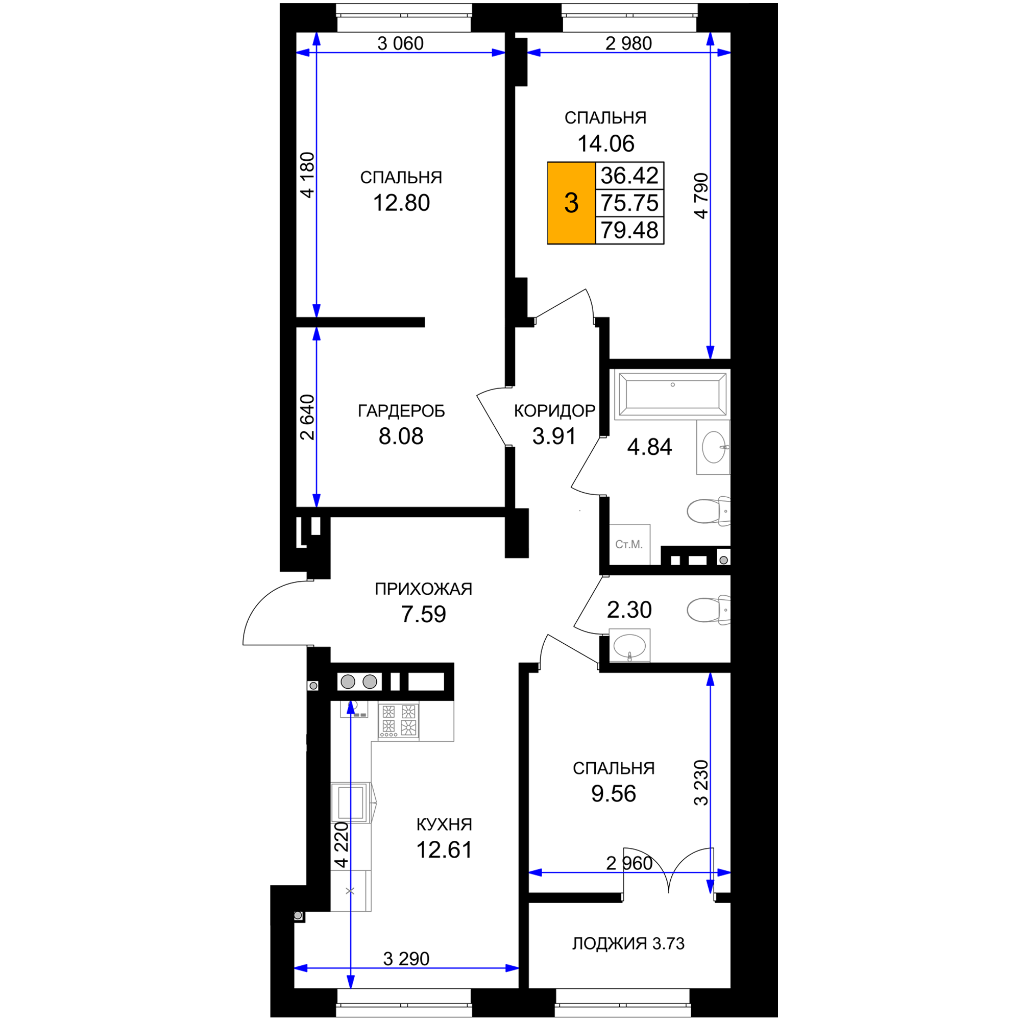 3-комнатная 77 м2 в ЖК Включи корпус null этаж 7