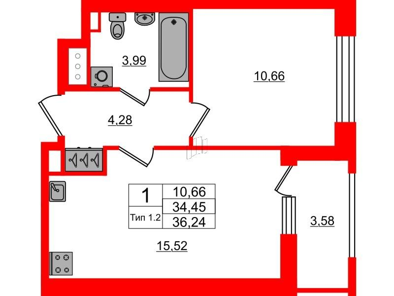 1-комнатная 34 м2 в ЖК Setl Ривьера корпус null этаж 11