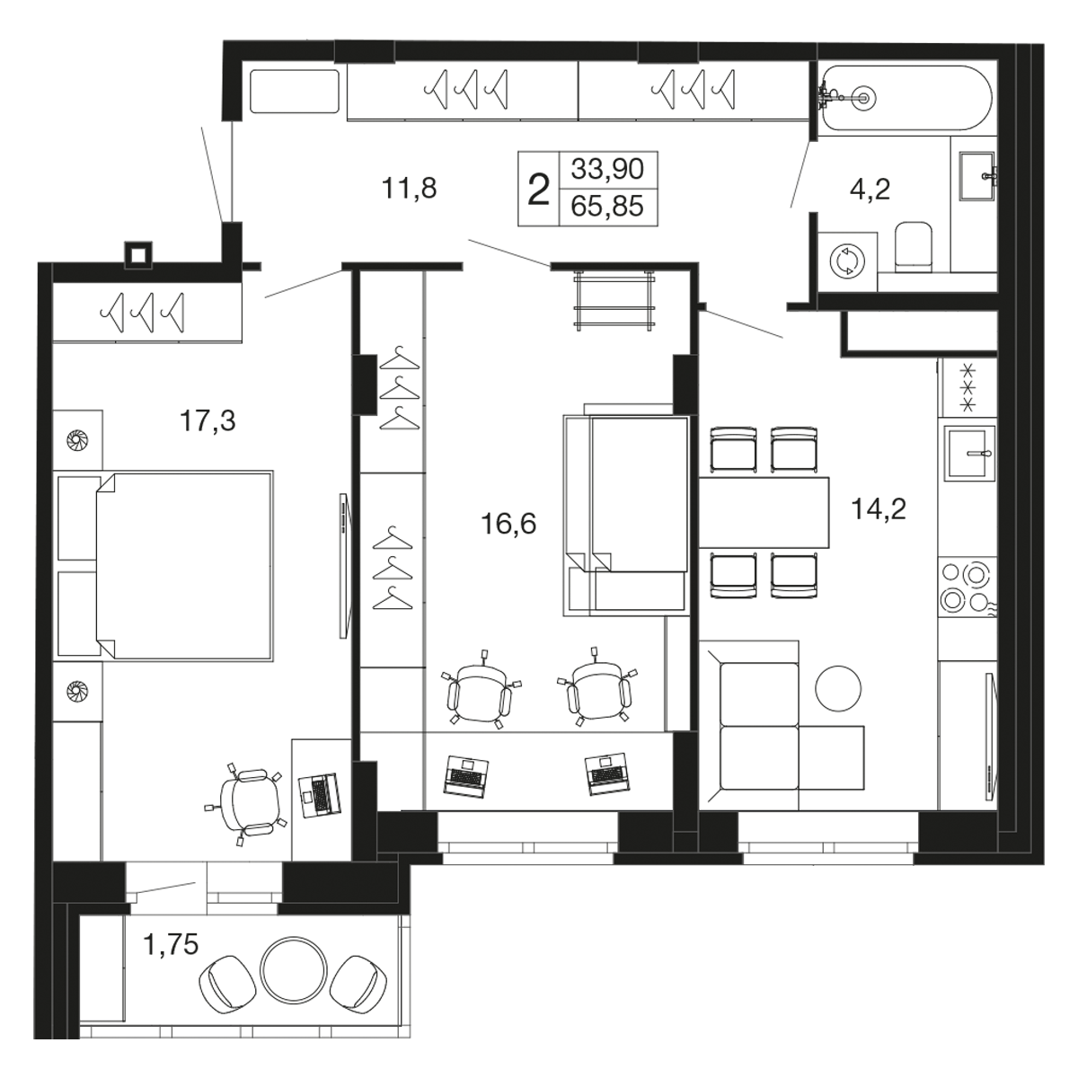 2-комнатная 65 м2 в ЖК Времена года корпус null этаж 6