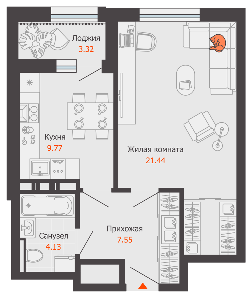 1-комнатная 45 м2 в ЖК Камаполис корпус null этаж 2