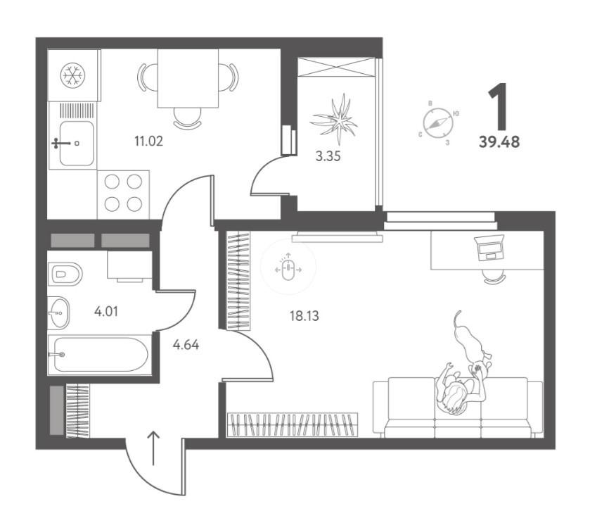 1-комнатная 39.5 м2 в ЖК undefined корпус null этаж 14