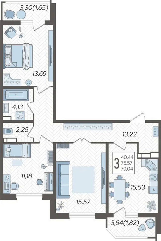 3-комнатная 80.8 м2 в ЖК undefined корпус null этаж 17