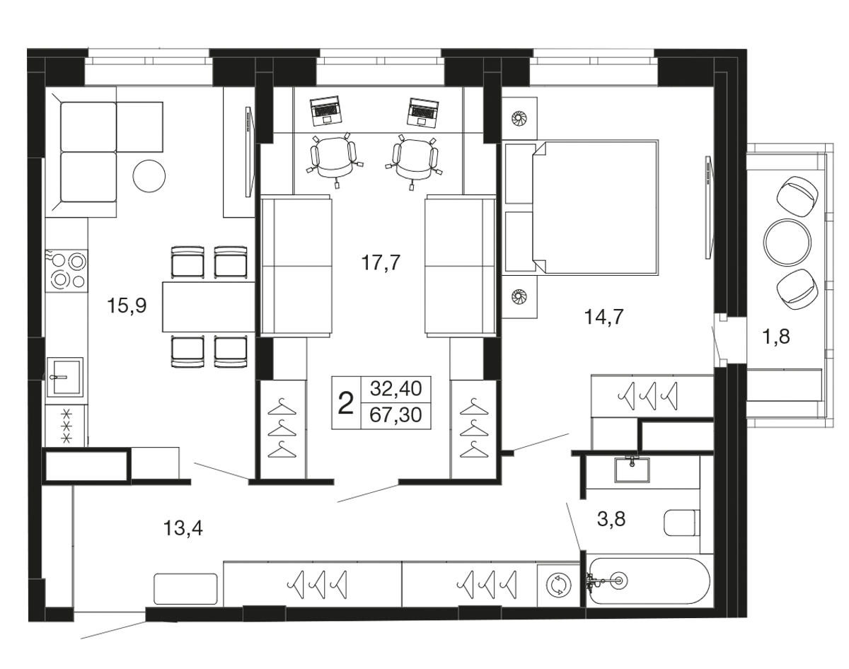 2-комнатная 67 м2 в ЖК Времена года корпус null этаж 7