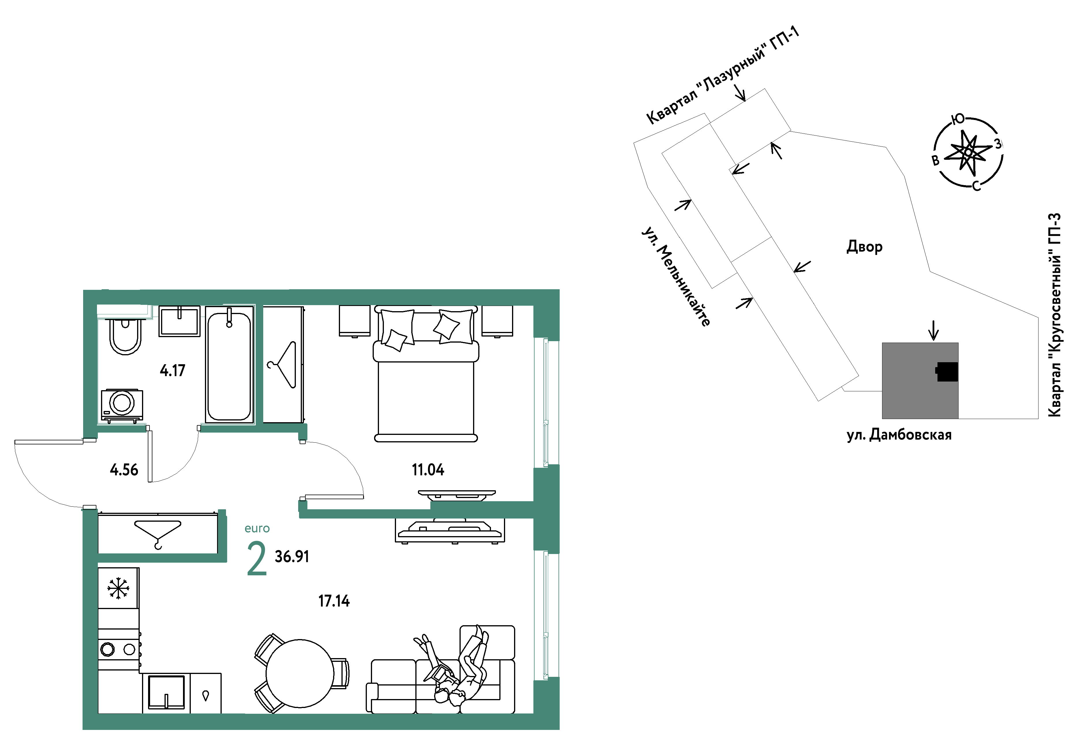 2-комнатная 36 м2 в ЖК Страна.Прибрежная корпус null этаж 6