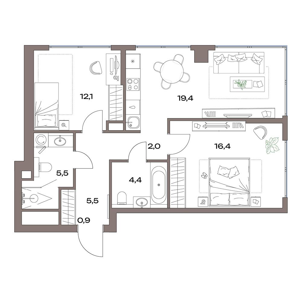 3-комнатная 66 м2 в ЖК Акценты корпус null этаж 9