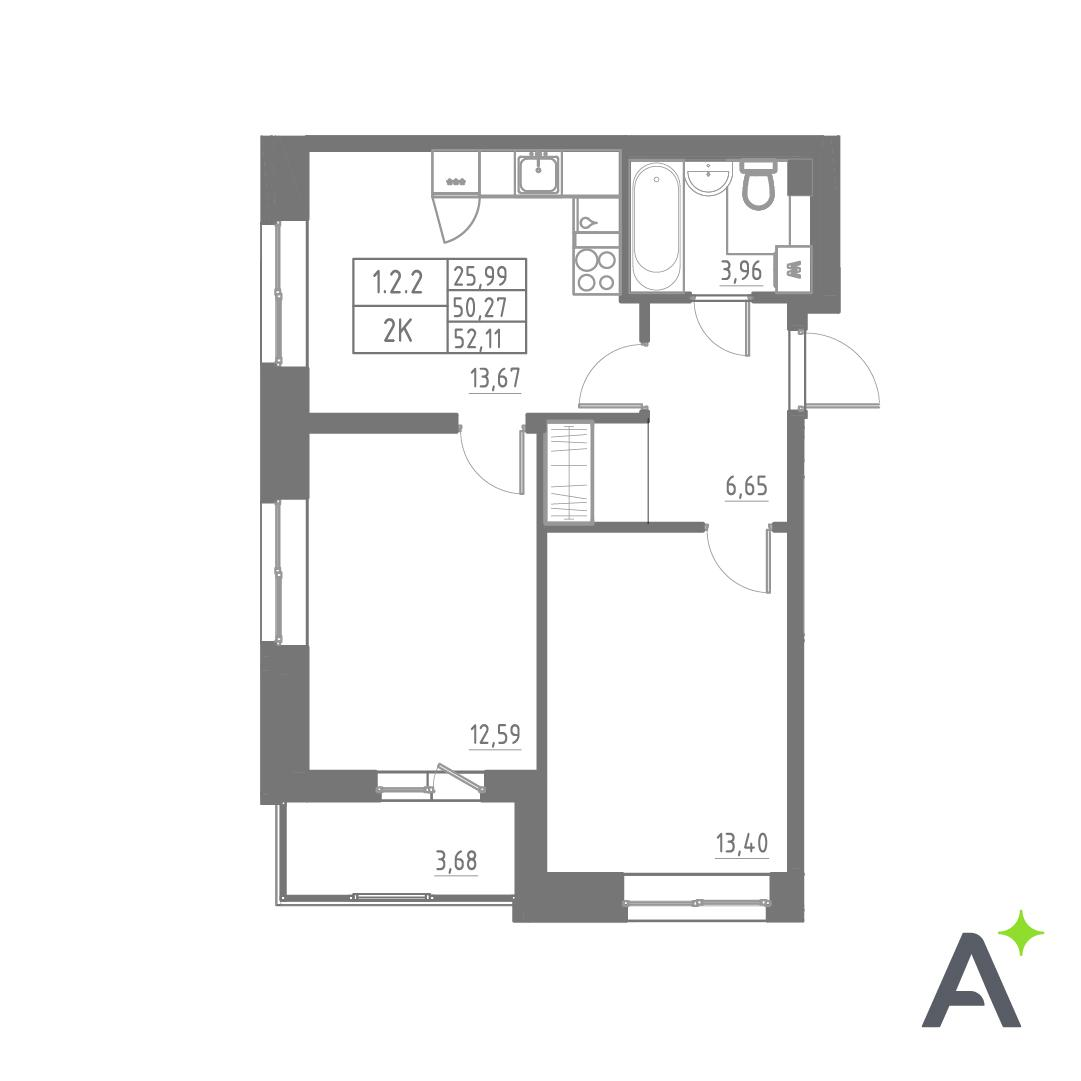 2-комнатная 52 м2 в ЖК Аквилон SOLAR корпус null этаж 2