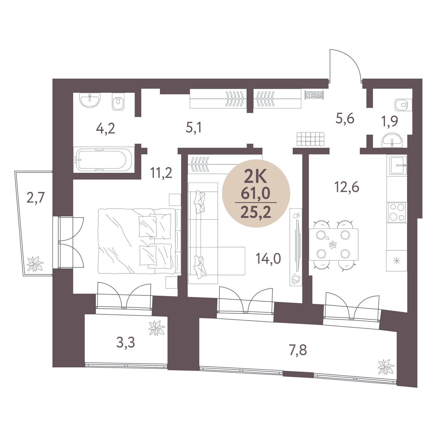 2-комнатная 61 м2 в ЖК Зелёный город корпус null этаж 1