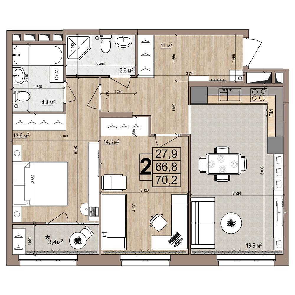 2-комнатная 70 м2 в ЖК Гранд Комфорт-2 корпус null этаж 6