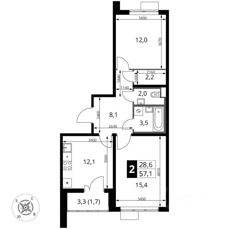 2-комнатная 57.1 м2 в ЖК undefined корпус null этаж 7
