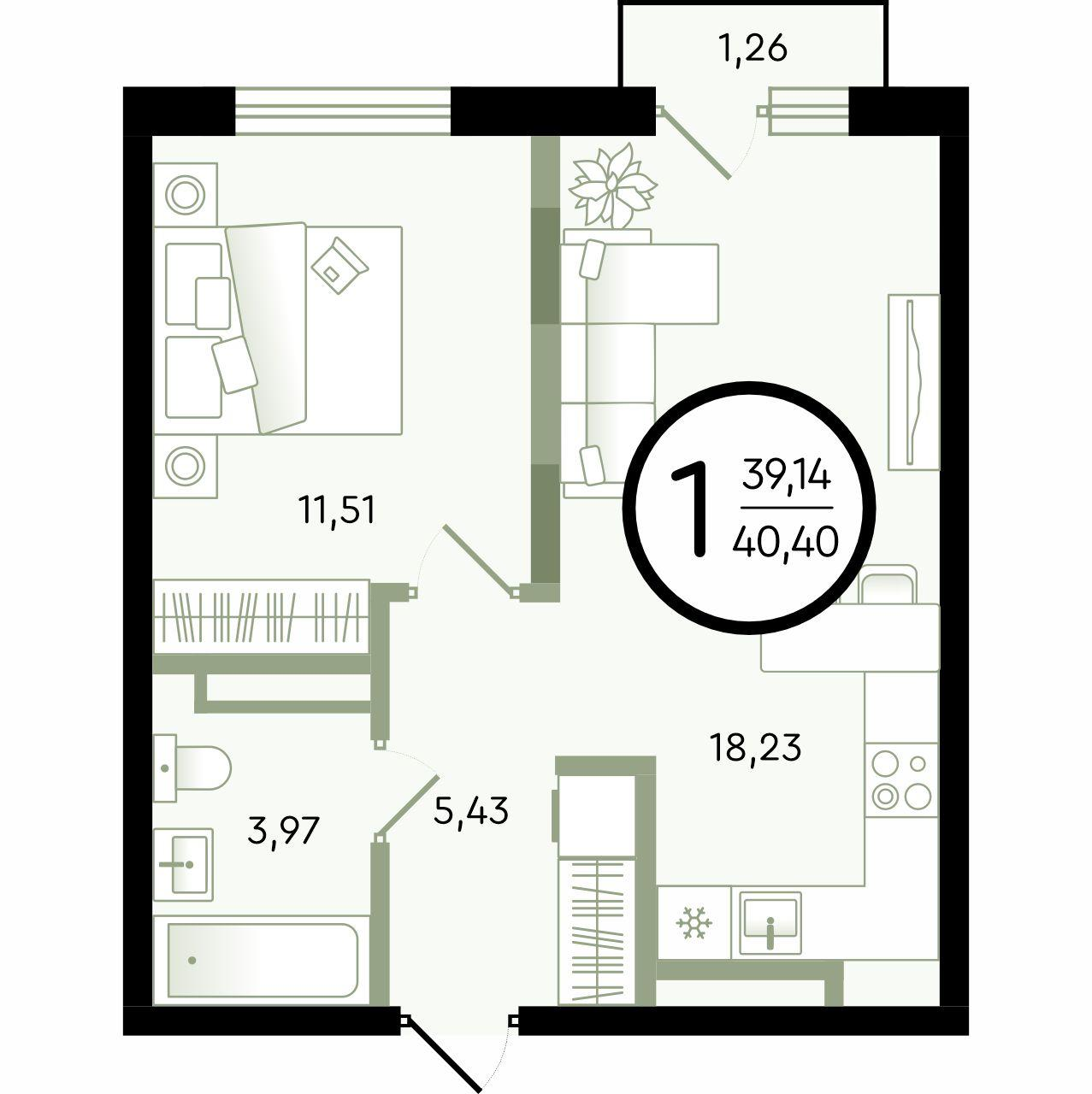 1-комнатная 40 м2 в ЖК Зеленые Аллеи корпус null этаж 3