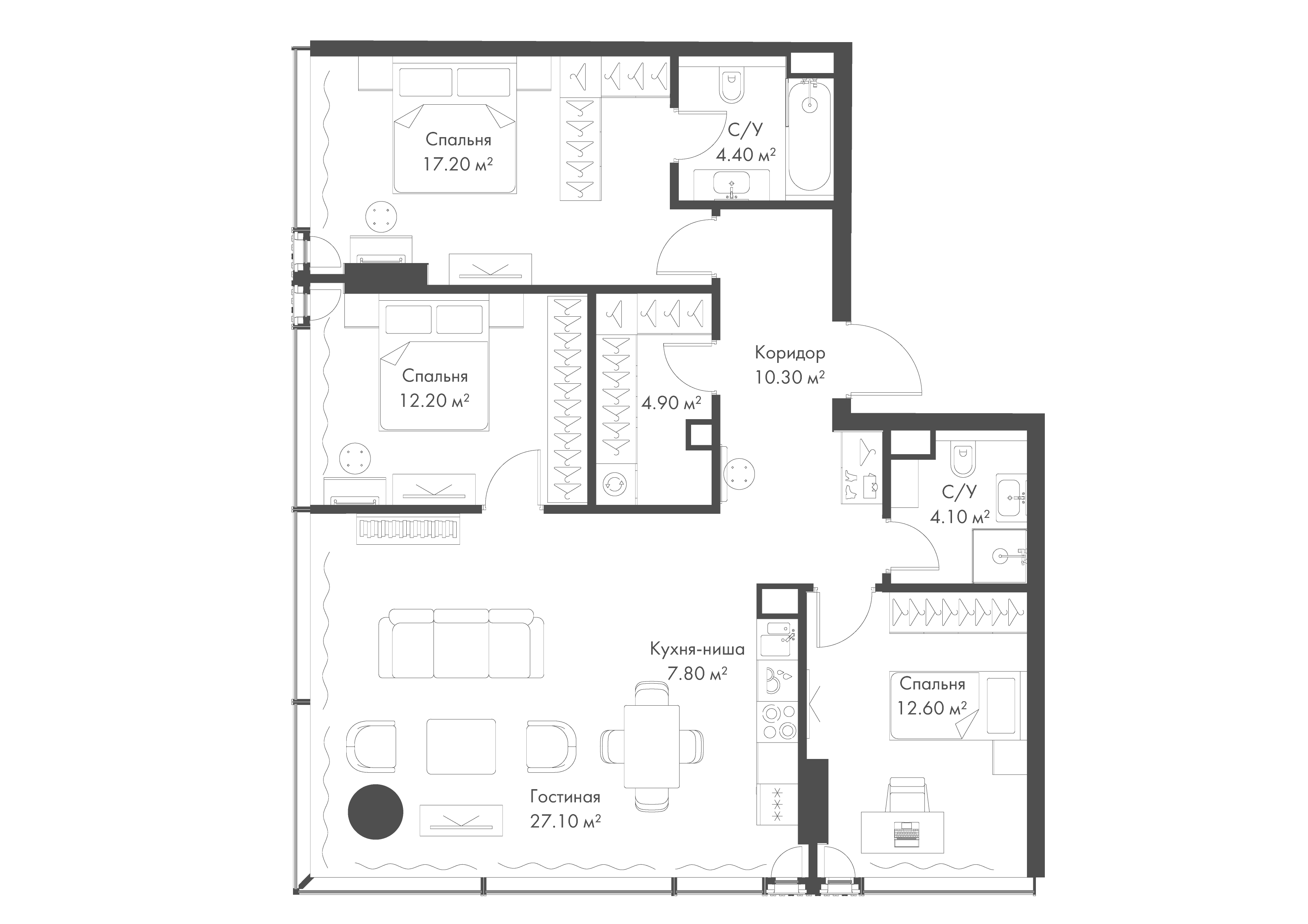 3-комнатная 100 м2 в ЖК SLAVA корпус null этаж 18