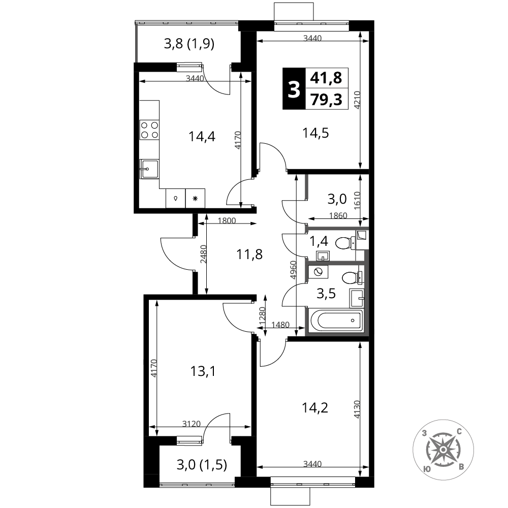 3-комнатная 79 м2 в ЖК 1-й Шереметьевский корпус null этаж 6