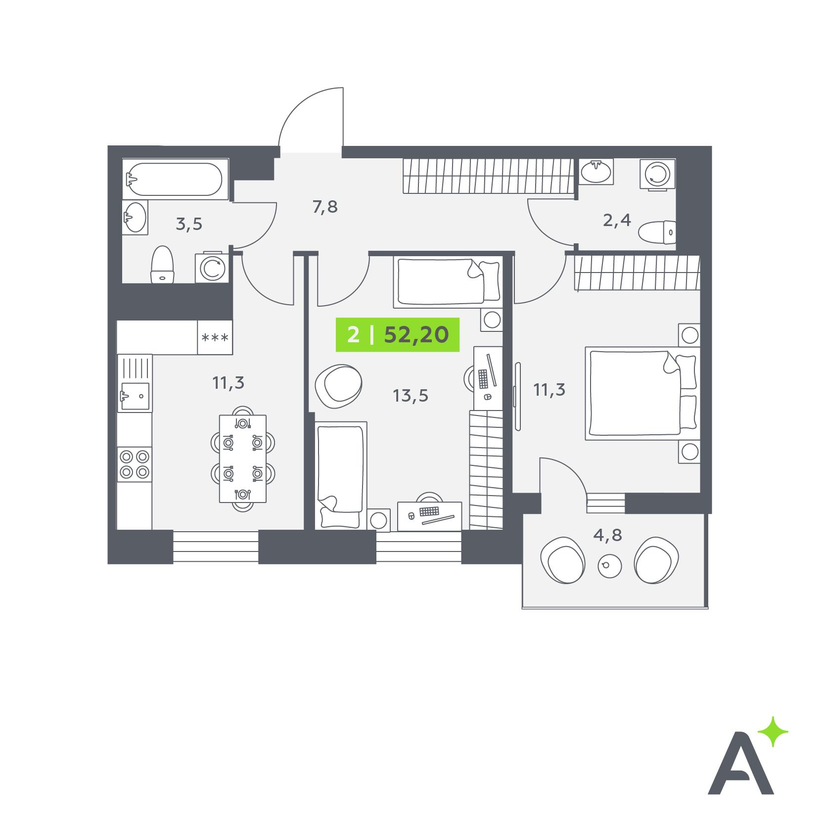 2-комнатная 52 м2 в ЖК Аквилон STORIES корпус null этаж 8