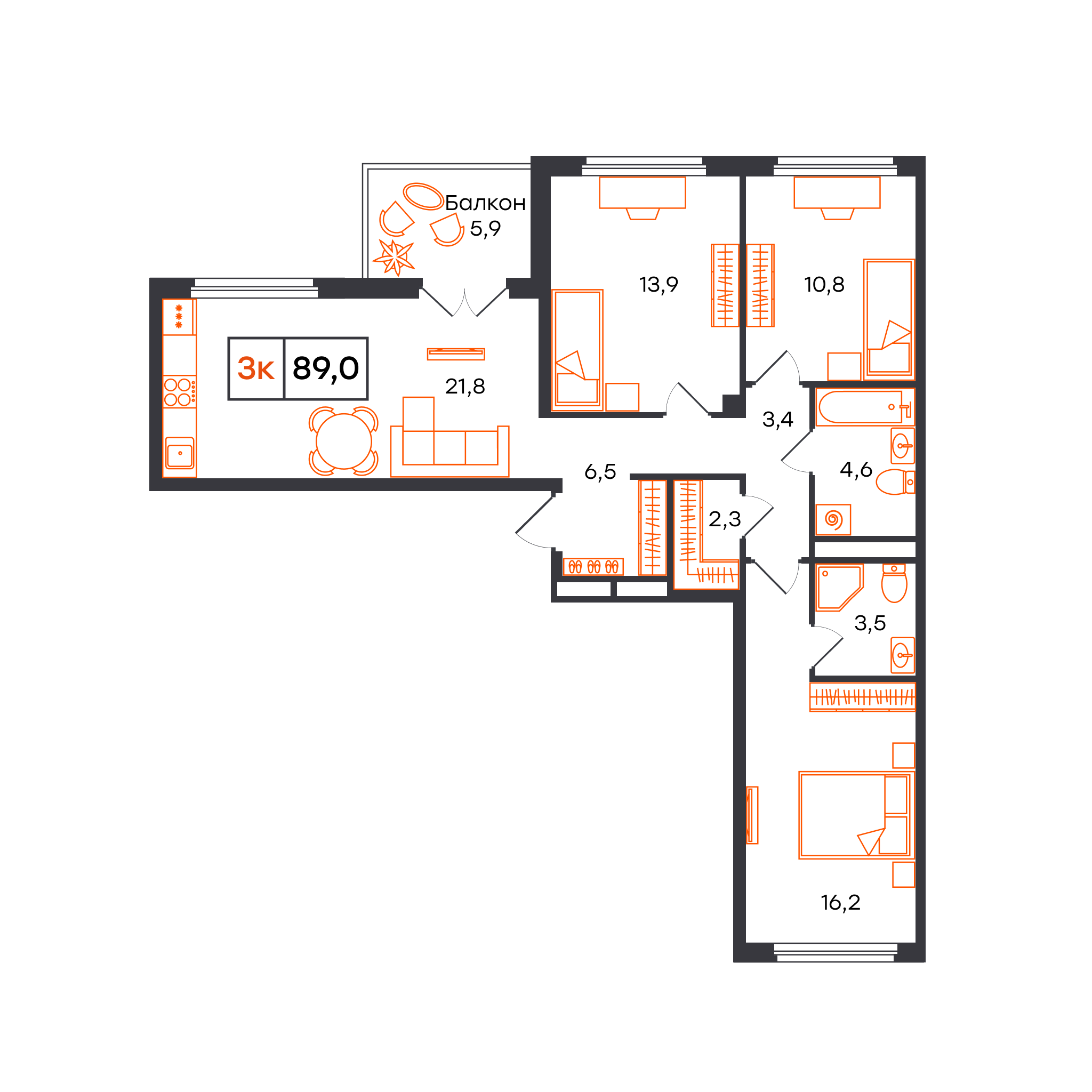3-комнатная 89 м2 в ЖК Отличие корпус null этаж 5