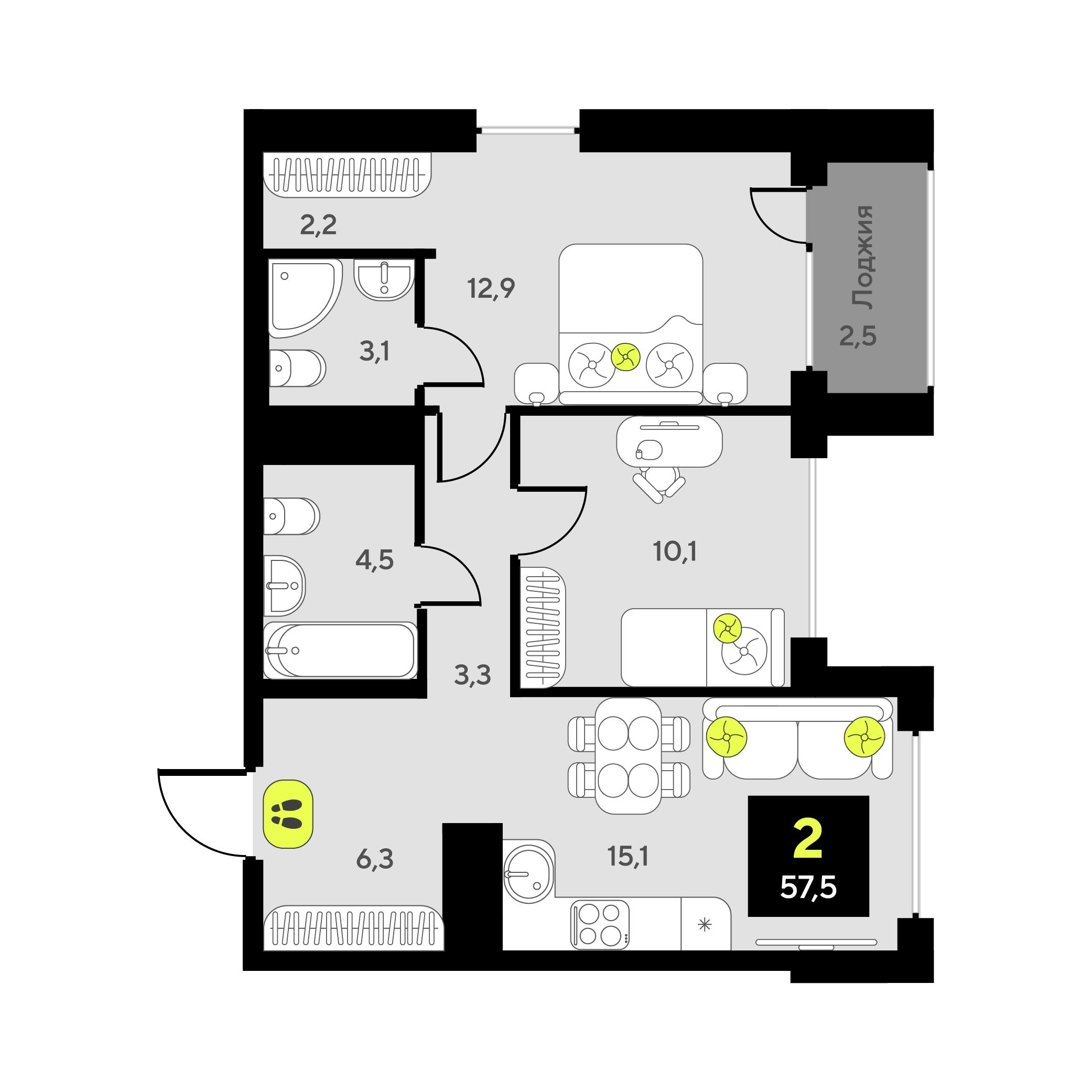 2-комнатная 57 м2 в ЖК Дивный квартал у озера корпус null этаж 14